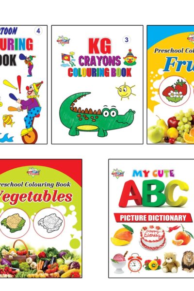 My First Book (Set of 5 Books) : Cartoon Colouring Book 4 | KG Crayons Colouring Book 3 | Fruits | Vegetables | My Cute ABC Picture Dictionary-0