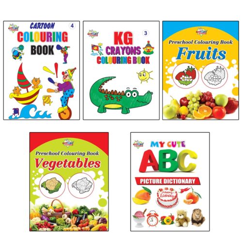 My First Book (Set Of 5 Books) : Cartoon Colouring Book 4 | Kg Crayons Colouring Book 3 | Fruits | Vegetables | My Cute Abc Picture Dictionary-0