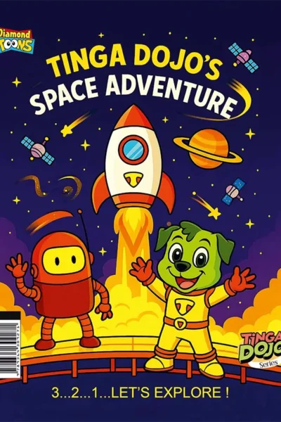 Colorful children's book illustration in space